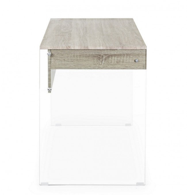 Scrivania di design in legno naturale Armos 1 cassetto e gambe in vetro 110x55x 76h  cm