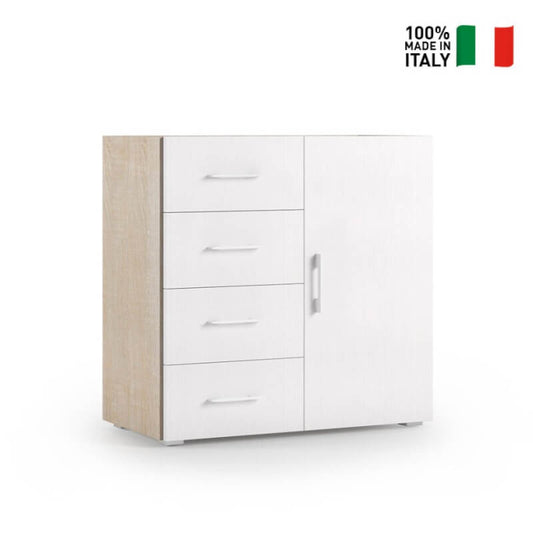 Mobile Con 4 Cassetti E Anta Guide In Metallo Piano Contenitore rovere con frontali bianco