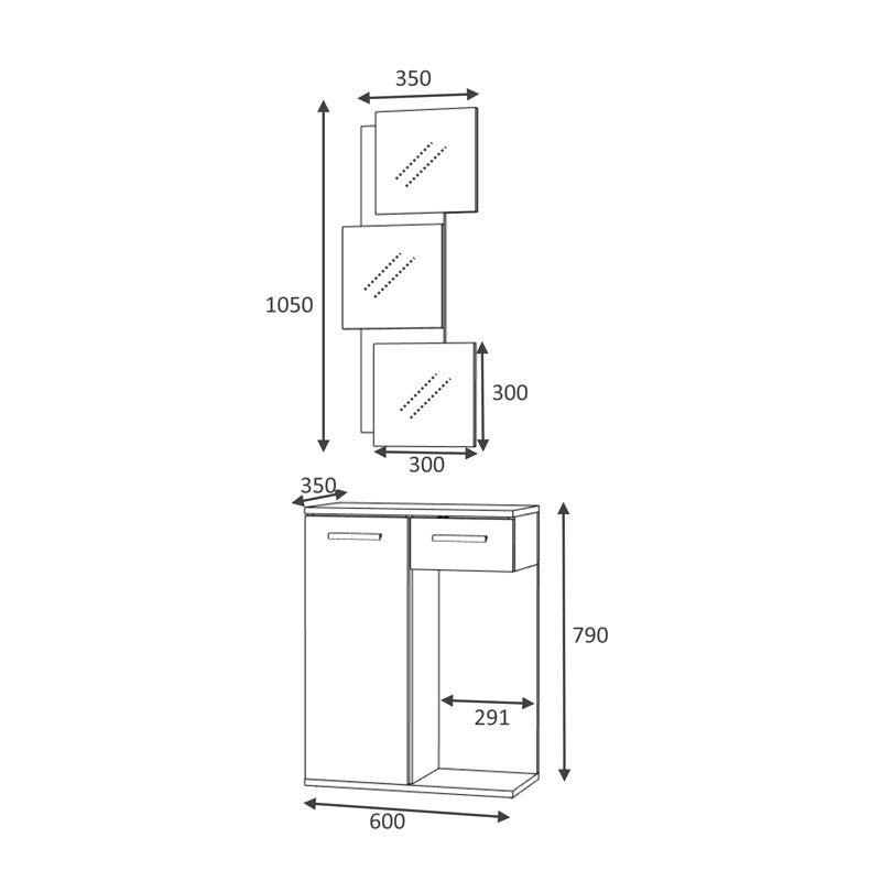 Mobile da ingresso con specchio 1 anta 1 cassetto rovere bianco 60x35xh.186 cm