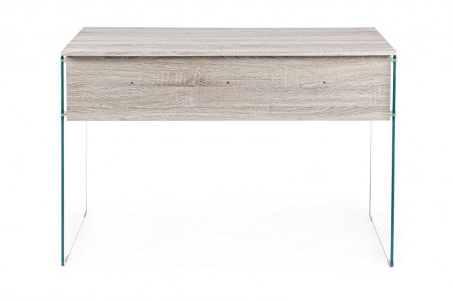 Scrivania di design in legno naturale Armos 1 cassetto e gambe in vetro 110x55x 76h  cm