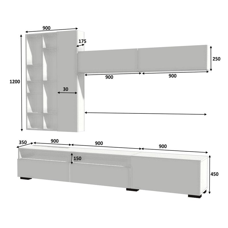 Parete attrezzata base 3 ribalte pensile 2 ante  bianco rovere 270x35xh.45 cm