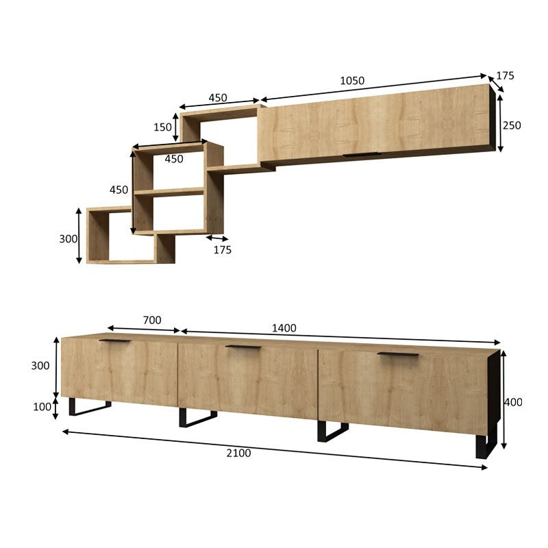 Parete attrezzata 3 ribalte con pensili a vista rovere 210x35xh.40 cm