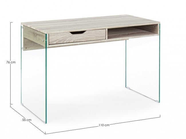 Scrivania di design in legno naturale Armos 1 cassetto e gambe in vetro 110x55x 76h  cm