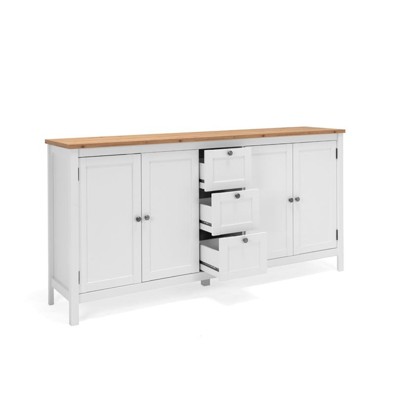 Mobile credenza 4 ante 3 cassetti bianco con top rovere 180x40xh.90 cm