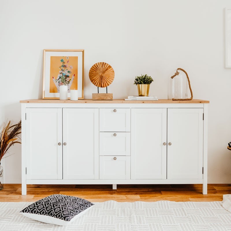 Mobile credenza 4 ante 3 cassetti bianco con top rovere 180x40xh.90 cm