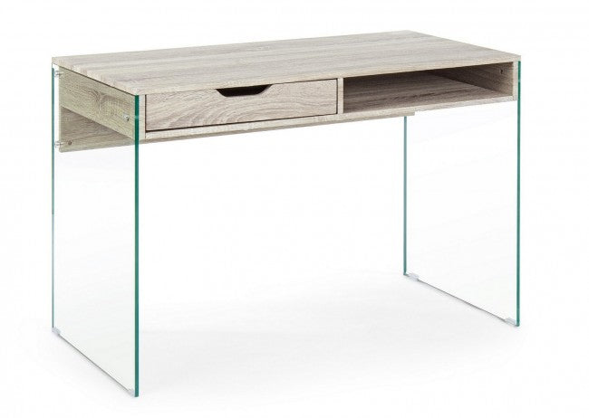 Scrivania di design in legno naturale Armos 1 cassetto e gambe in vetro 110x55x 76h  cm