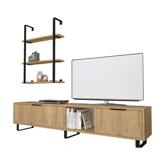 Mobile porta tv 2 ribalte con libreria 3 mensole rovere 180x35xh.40 cm