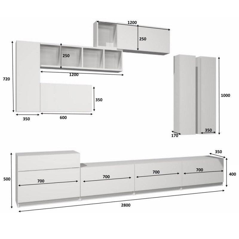 Parete attrezzata quattro ribalte sei pensili Bianco Rovere DOMINO 280x35x h 40/50 cm