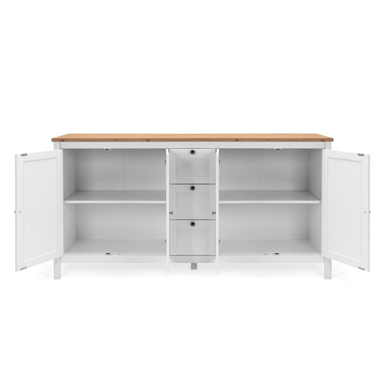 Mobile credenza 4 ante 3 cassetti bianco con top rovere 180x40xh.90 cm